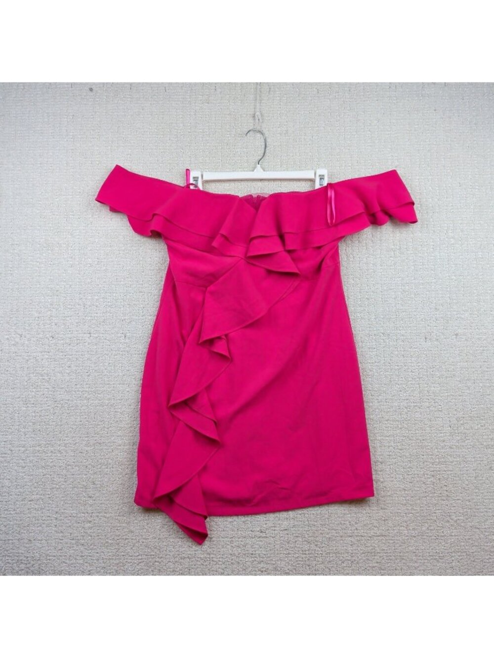 Y2K Le Chateau Off-Shoulder Mini Dress Hot Pink Ruffle Glam Club Barbiecore Sz L